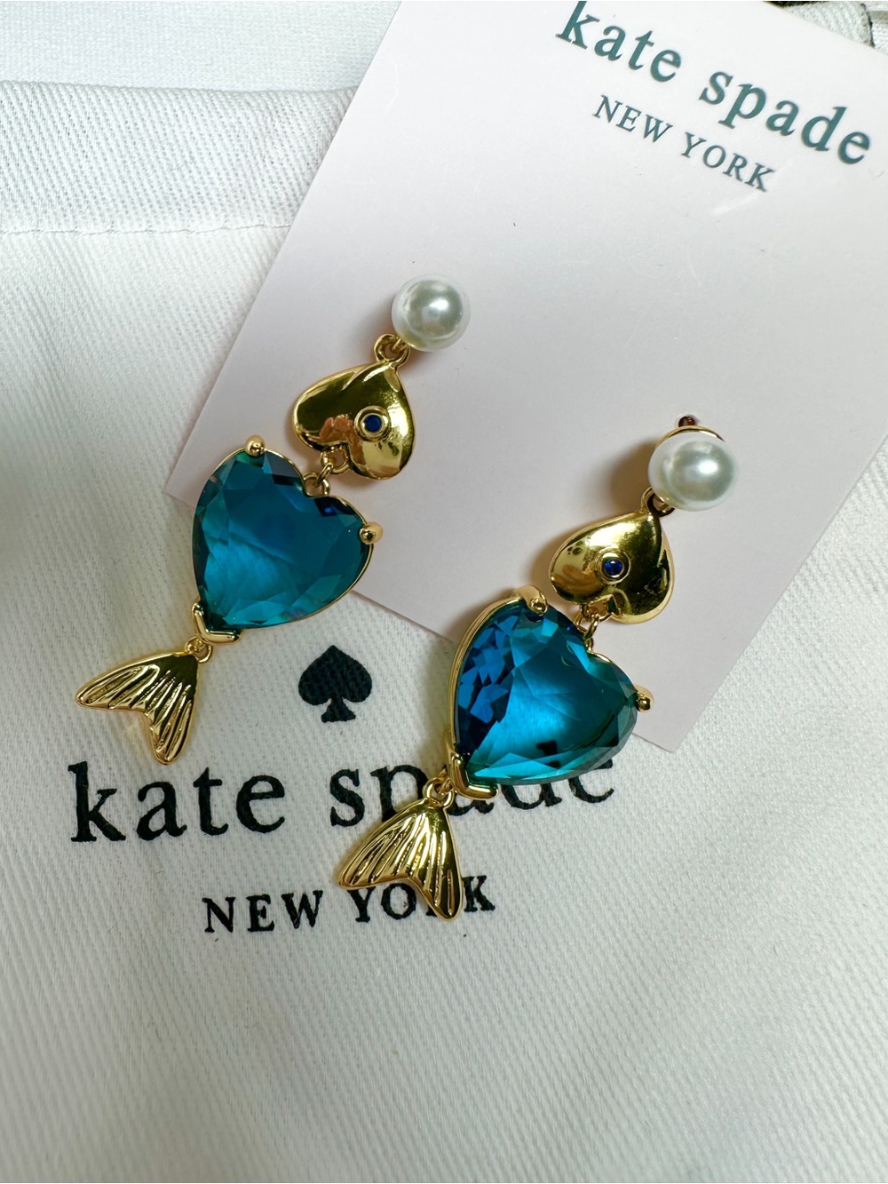 kate spade Gold-Tone Fish Drop Earrings with Teal Heart Stones and Pearl Posts